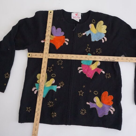 Vintage Quacker Factory Black Wool Cardigan Angel Applique Angelcore Boho M - Picture 3 of 11